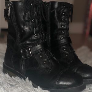 Black white mountain combat boots